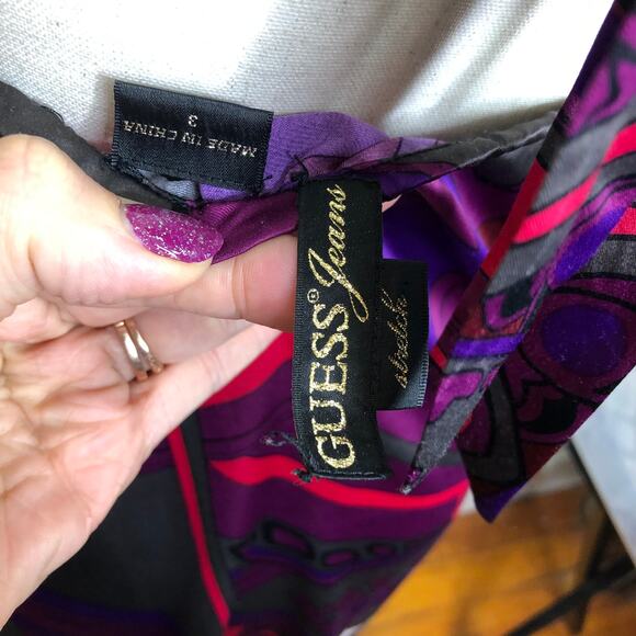 Guess Jeans Bold Pattern Satin Racerback Ribbon Tie Up Back 90's Vintage 3 - Picture 3 of 14